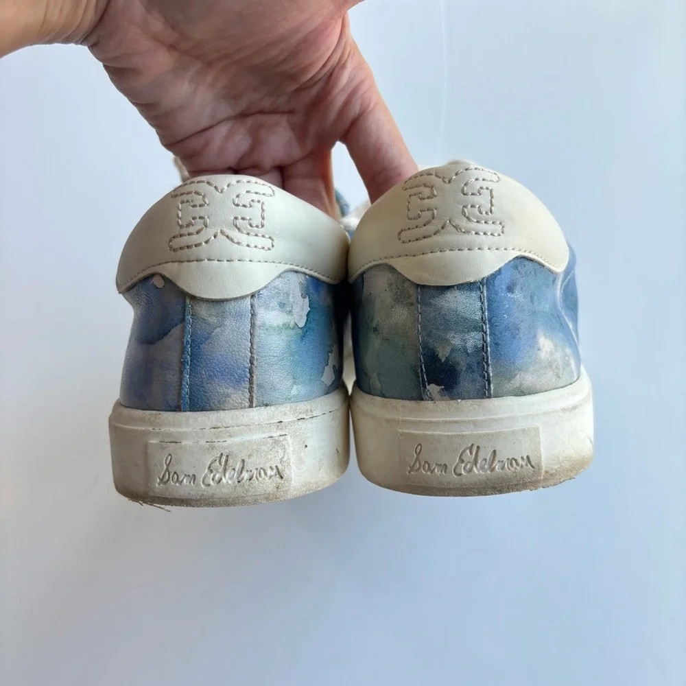 SH4 Sam Edelman Blue Watercolor Cloud Print Leather Sneakers Casual Women 10M